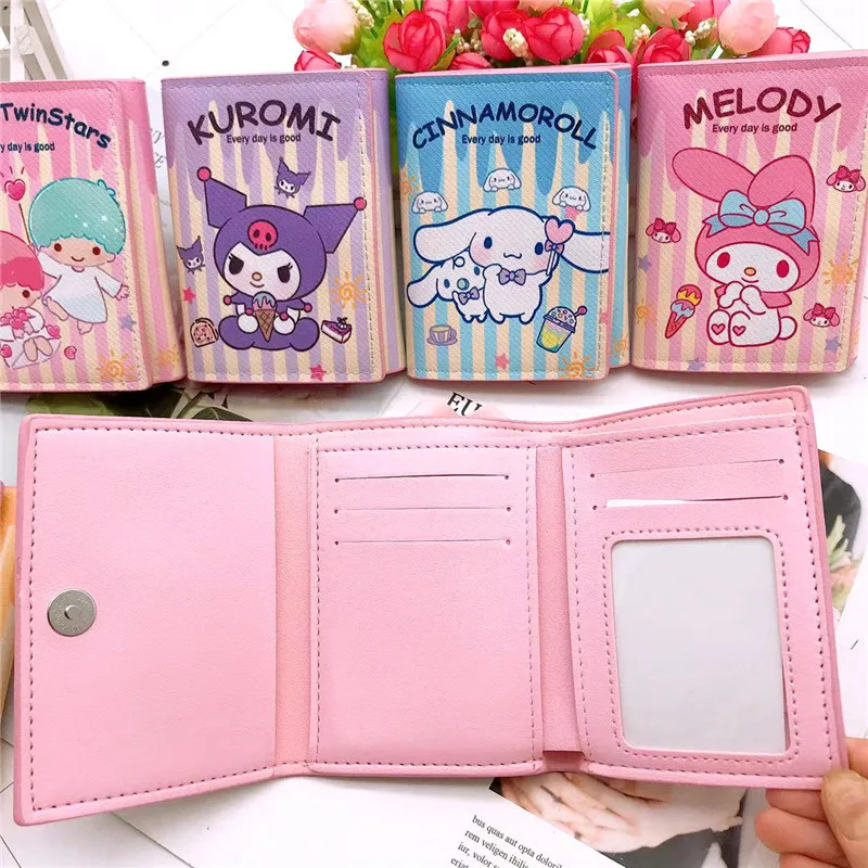 

Kawaii Sanrio Cinnamoroll Mymelody Hello Kitty Kuromi Cartoon Anime Kids Wallet Cute Tri-Fold Wallet Short Pu Casual Wallet Gift