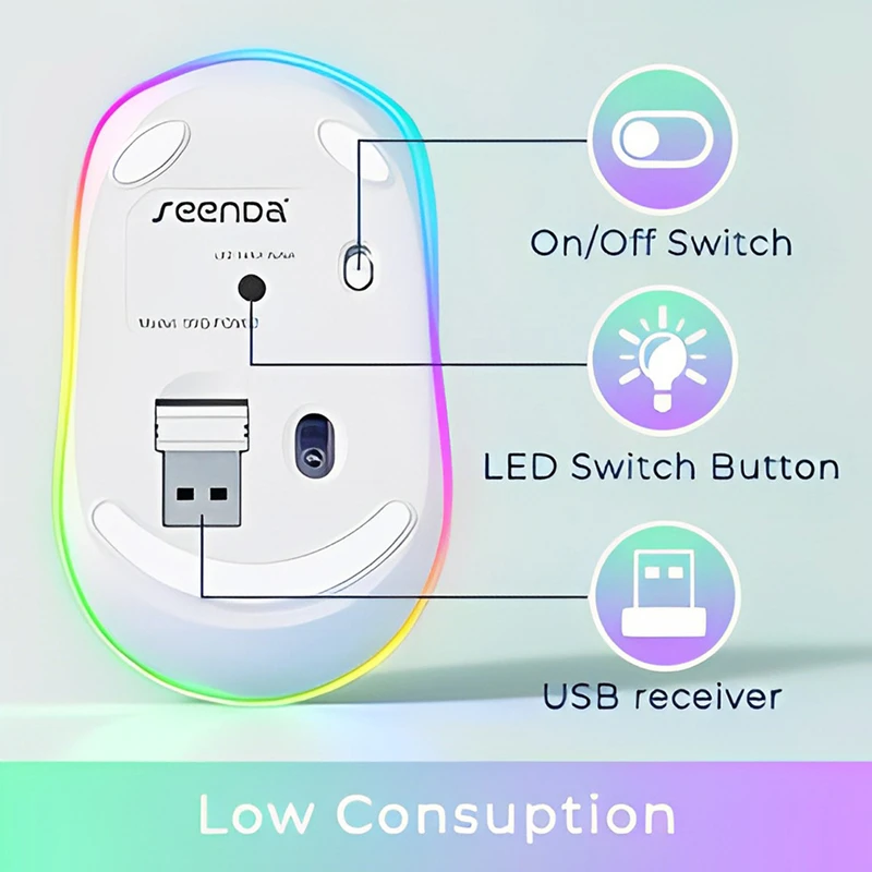 650mAh 충전식 배터리가 장착된 RGB 무선 마우스 인체공학적 광학 게이밍 마우스 노트북 PC 게임용 2.4G 무선 연결