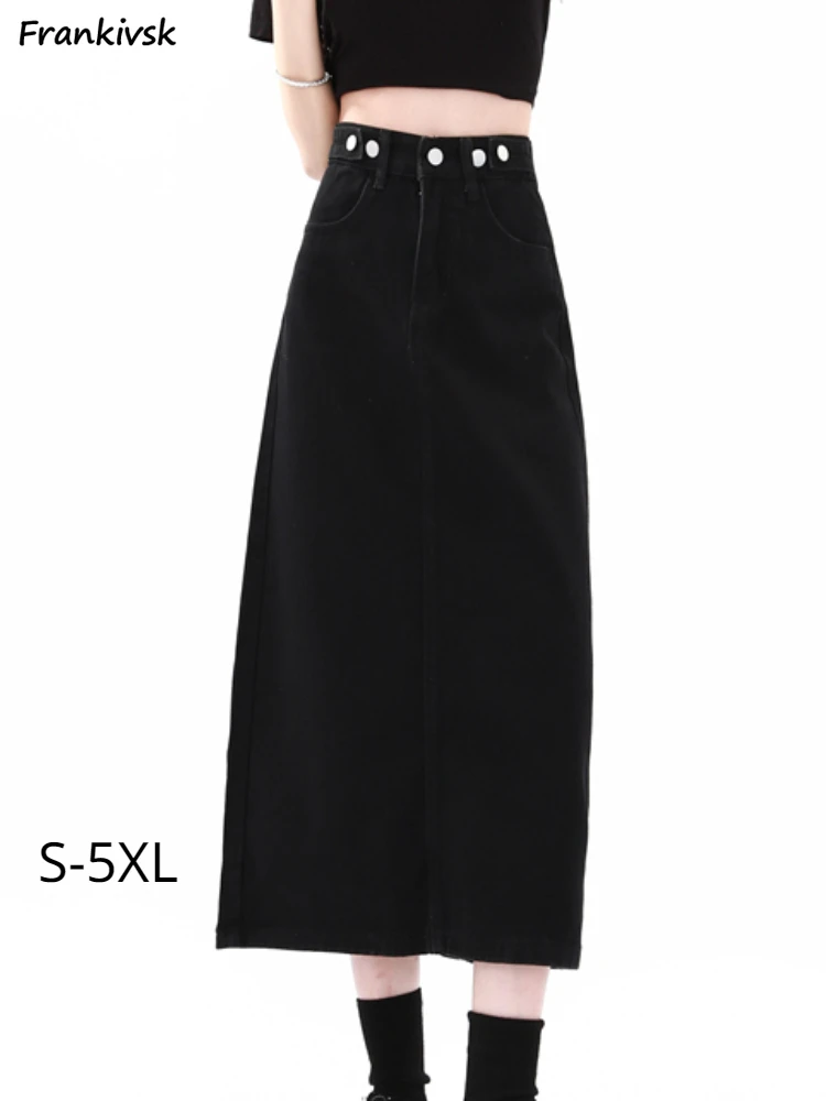 

S-5XL Skirts Women Slim Fit A-line Mid-calf High Waist Vintage Slit Solid Summer Black Simple All-match Streetwear Trendy Faldas