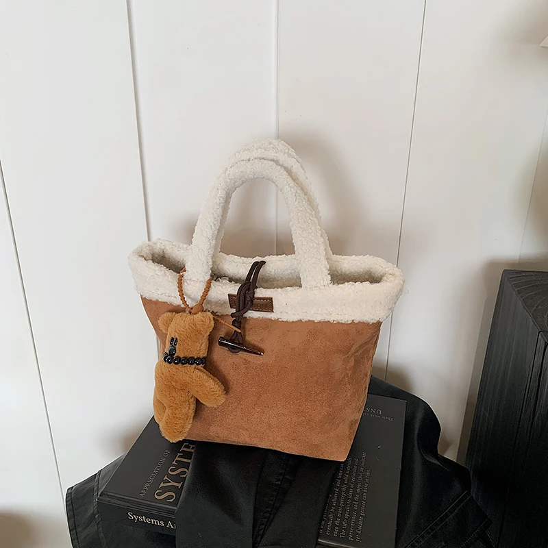Women Faux Suede Plush Top-Handle Bag Tote Bag Shoulder Bag for Travel Shopping Daily Use