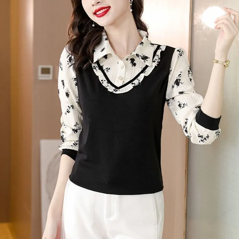 Simplicity Versatile Casual Women's Clothing Autumn and Winter Splice Buttons V-neck Solid Color Temperament Commuting Pullover