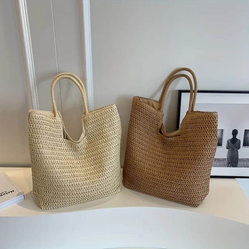 Chic Large Capacity Paper Woven Straw Tote Handbag for Women, Summer Woven Beach Shoulder Bag with Zip Closure