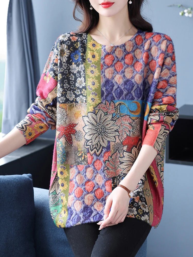 

Свитеры с принтом, осенне-зимняя Мягкая трикотажная одежда с круглым вырезом, пуловер, Женский Повседневный джемпер, свободный бархатный свитер из норки с длинным рукавом