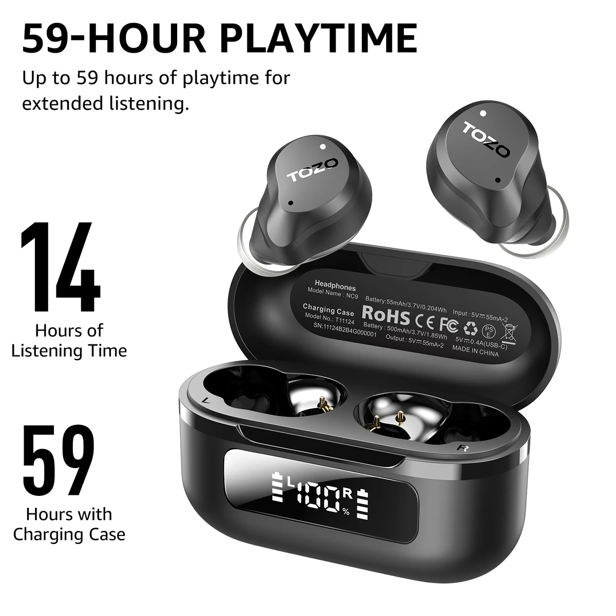 TOZO New NC9 Wireless Earphone Hybrid Active Noise Cancelling,Bluetooth Earbuds With Immersive Sound Premium Deep Bass, 59H Play — view 2