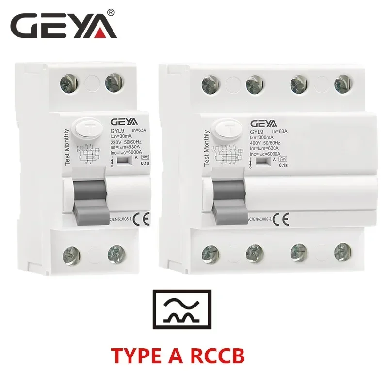 GEYA-interruptor atual residual eletromagnético, tipo A, RCD, C.A., ELCB, 2 Pólo, 40A, 63A, 30mA, 100mA, 300mA, RCCB