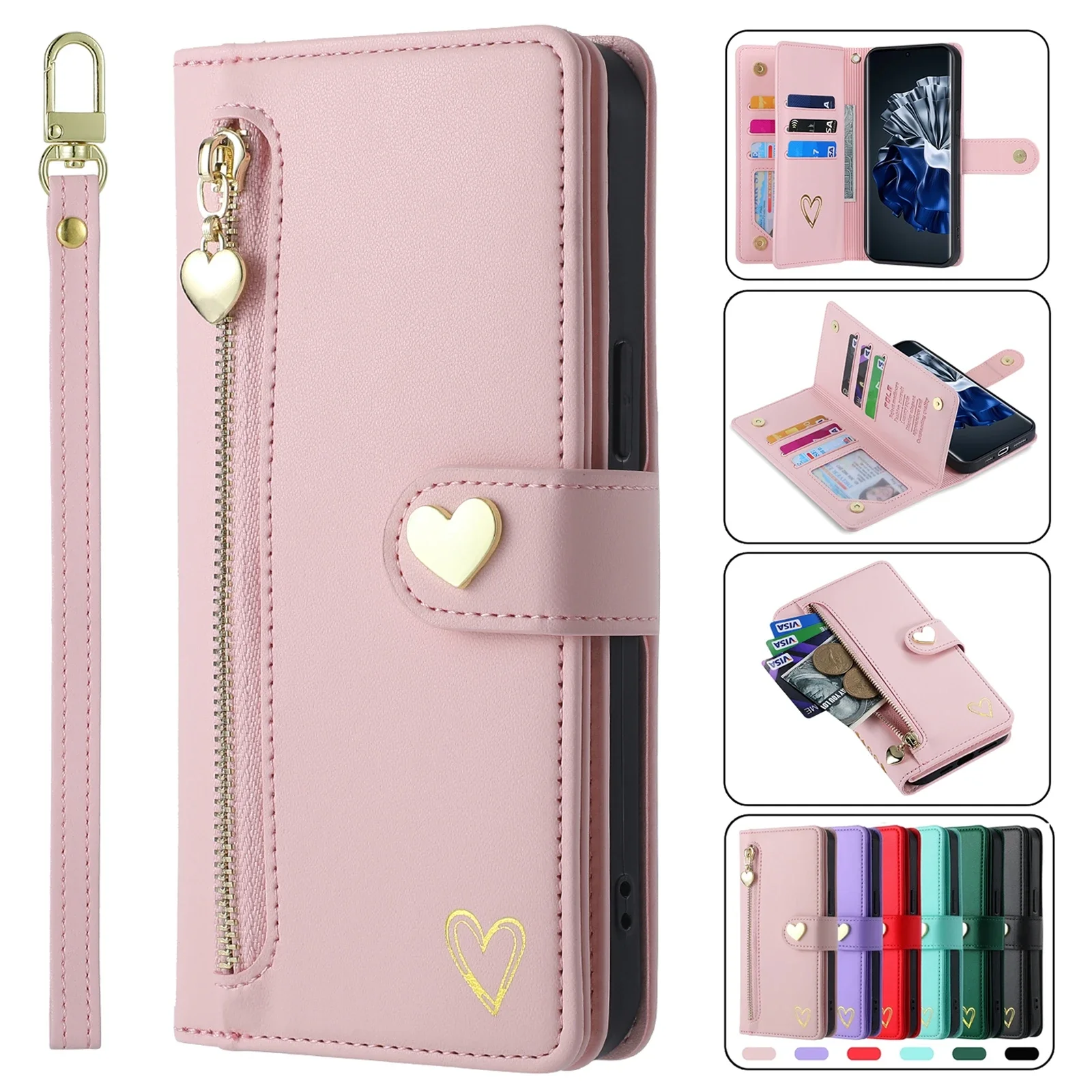 

Zipper Cards Solt Wallet Leather Case For huawei P60 Pro P50 P40 P30 Lite P20 Mate 60 50 40 30 20 10 Love Heart Purse Bag Cover