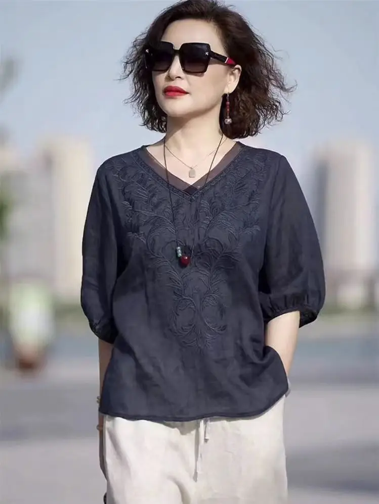 

Рубашка женская с вышивкой в этническом стиле, повседневный модный Свободный Универсальный пуловер из хлопка и льна в ретро стиле, с рукавом до локтя, L318, на лето