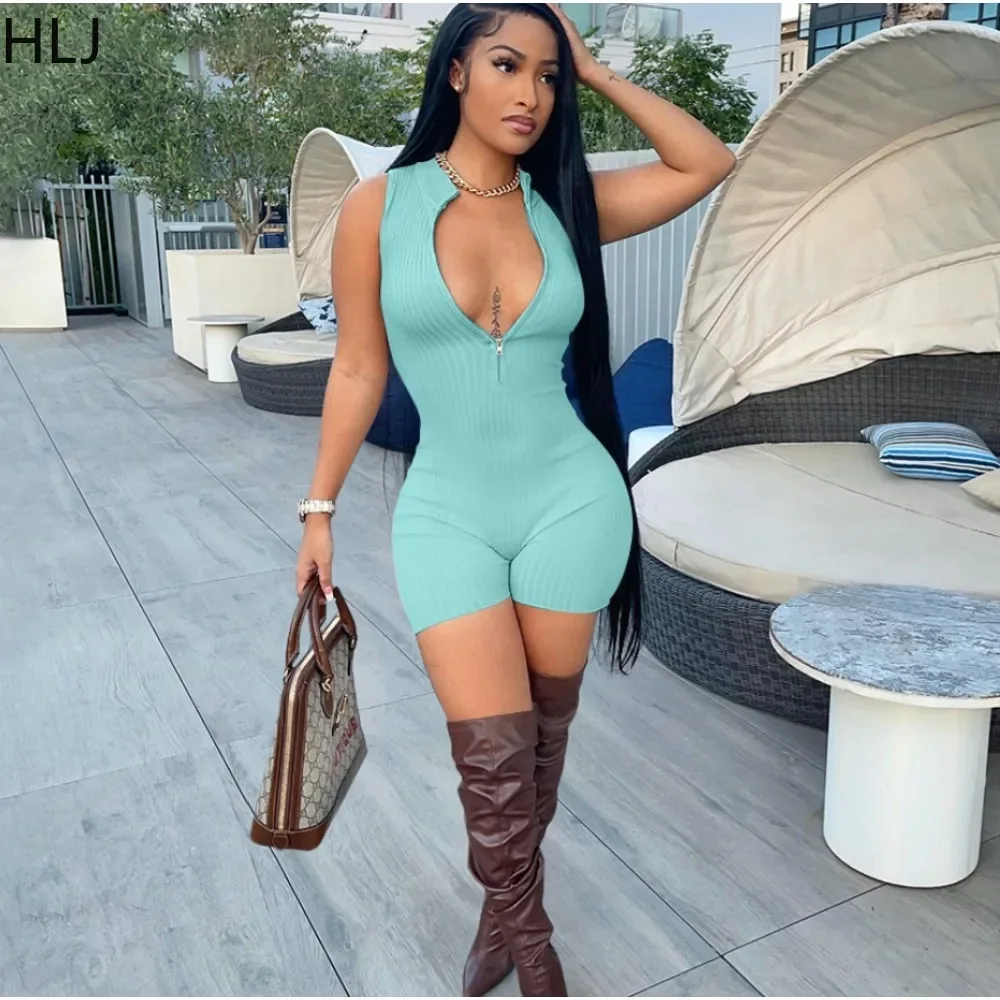 HLJ Solid Ribber Skinny Rompers Jumpsuits Women Sleeveless Bodycon Playsuits Y2k Fashion Zipper Short Sexy Active Jumpsuit 2024