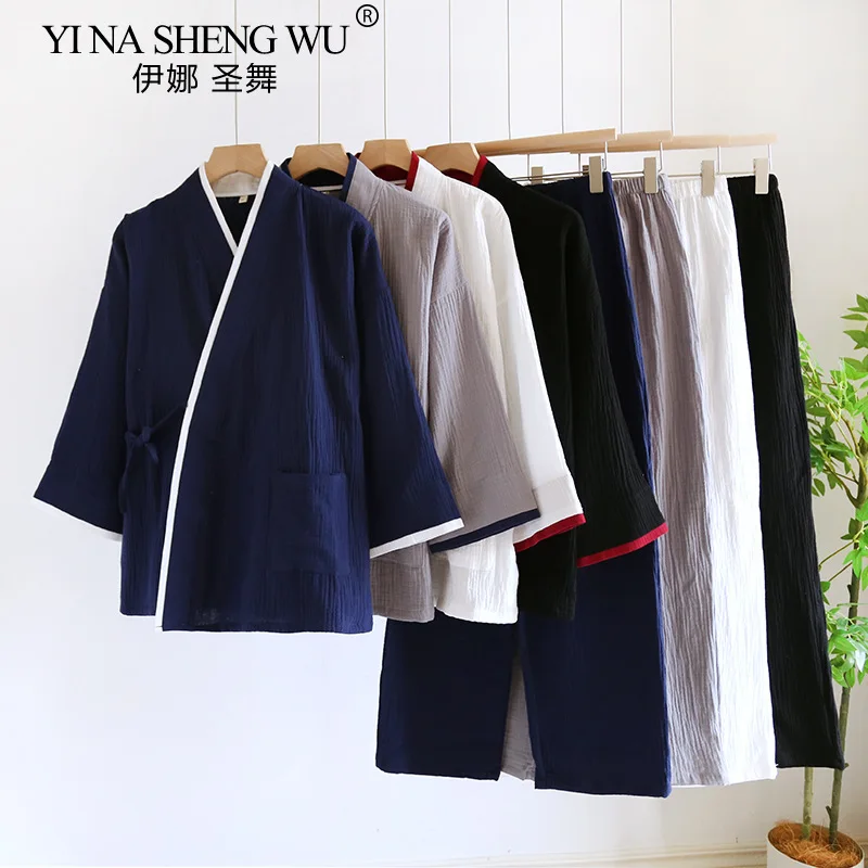 Japanese Style Spring and Autumn Thin Men's Kimono Hanfu Pure Cotton Gauze Pajamas Plus Size Home Steaming Suit