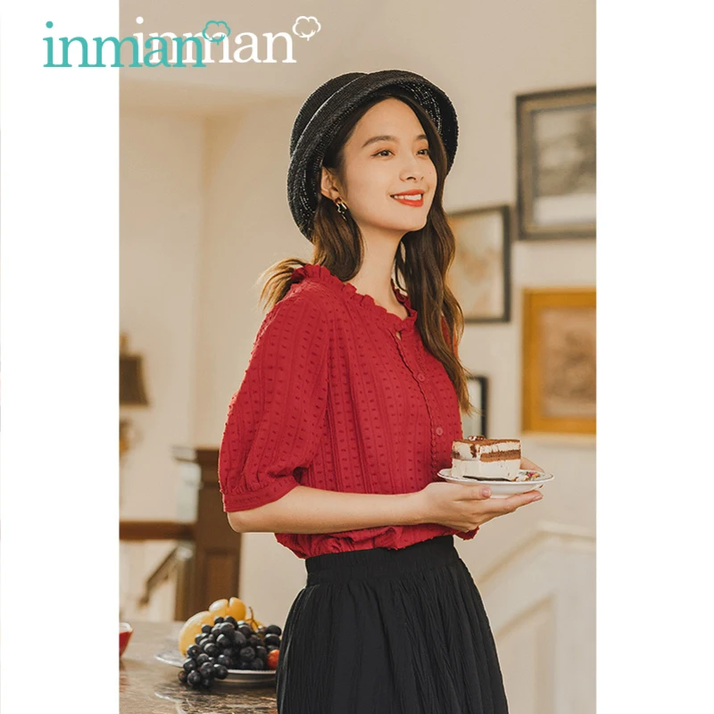 INMAN Summer Elegant Women's Blouses Short Sleeves Jacquard Lace Round Collar Fashion Women's Shirt Blusas Top Women's Clothing