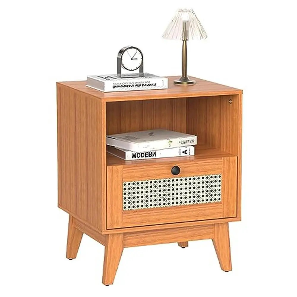 

Rattan Drawer Open Shelf Modern End Table Solid Wood Legs Easy Assembly Nightstand Side Table Dorm Room Office Rectangular Top