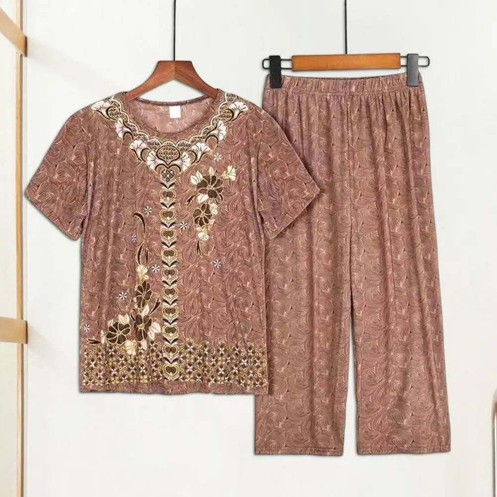 

Брюки с эластичным поясом, элегантный женский пижамный комплект среднего возраста с вышивкой, свободные широкие брюки, эластичная талия для мам