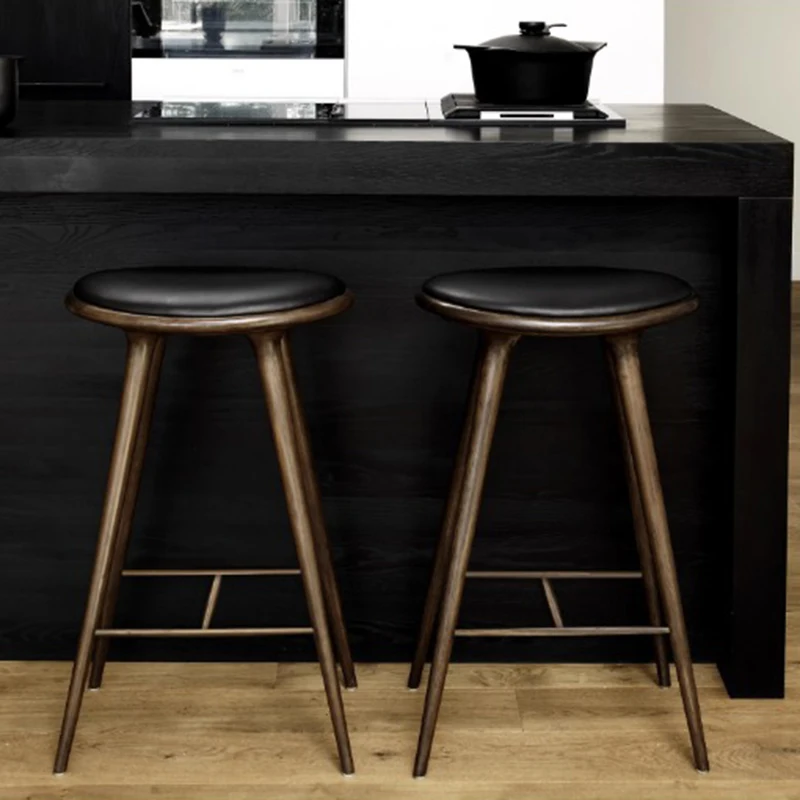 Taburetes De Bar De estilo nórdico, silla moderna De madera y cuero negro para exteriores, muebles De cocina De terciopelo