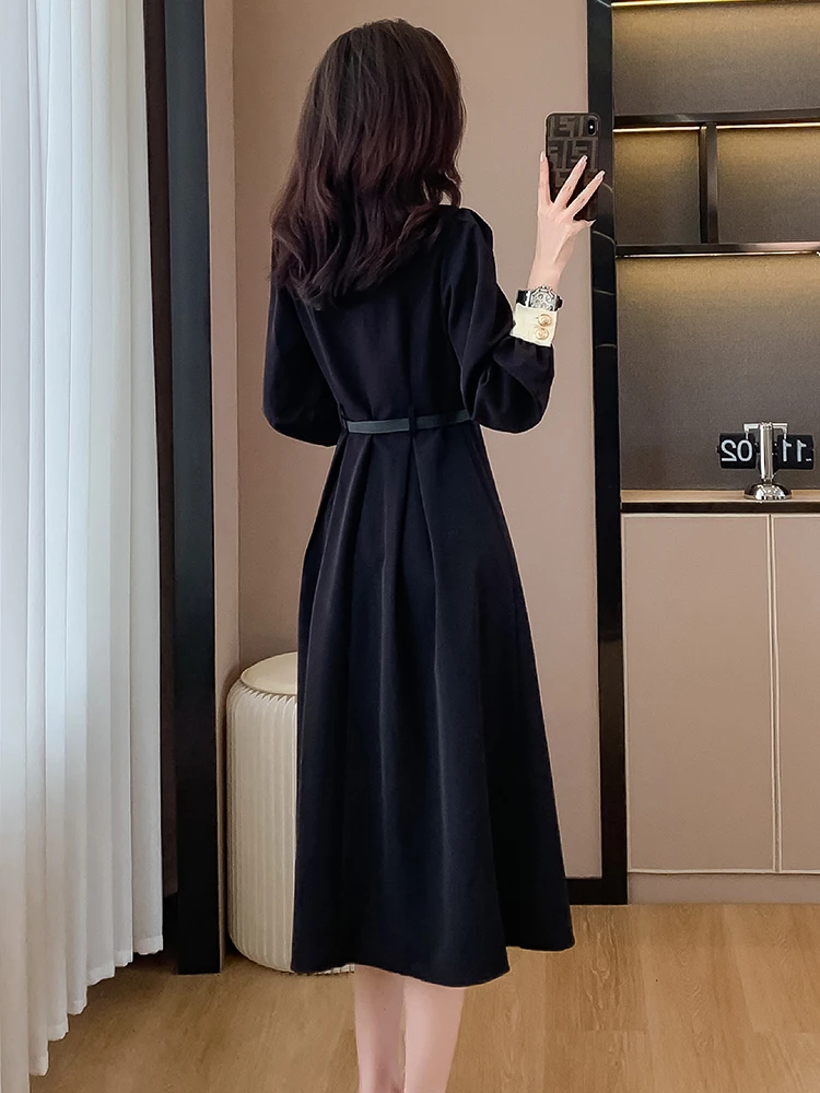 Elegant Black Dresses With Belt Women Retro Doll Collar Long