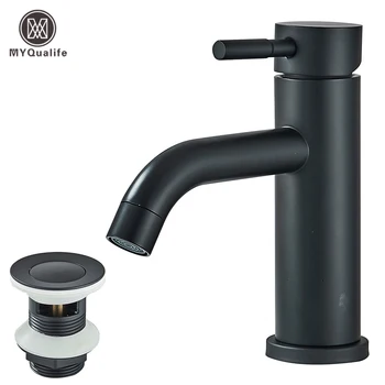 Black Bathroom Basin Sink Faucet Deck Mounted Hot and Cold Water Mixer Taps +Pop Up Drain