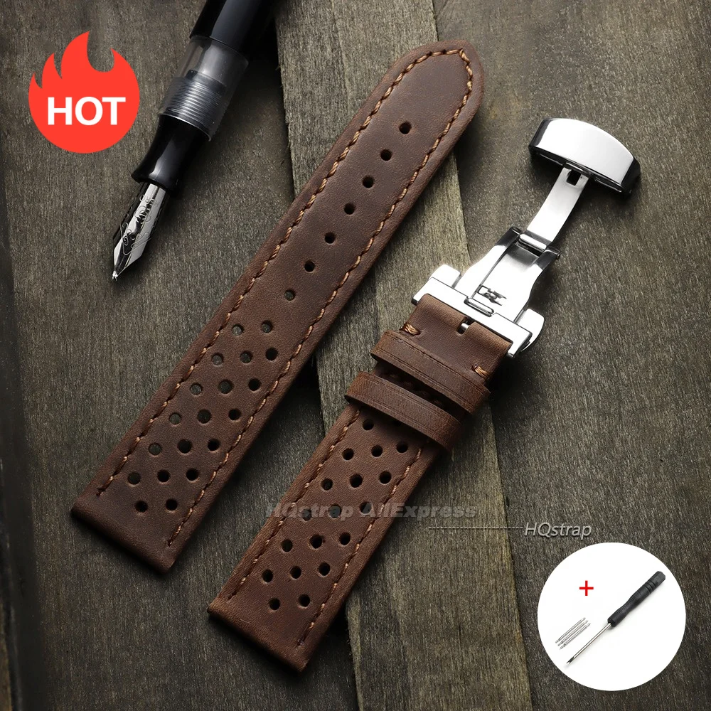 Breathable Leather Watch Strap with Quick Release and Butterfly Buckle