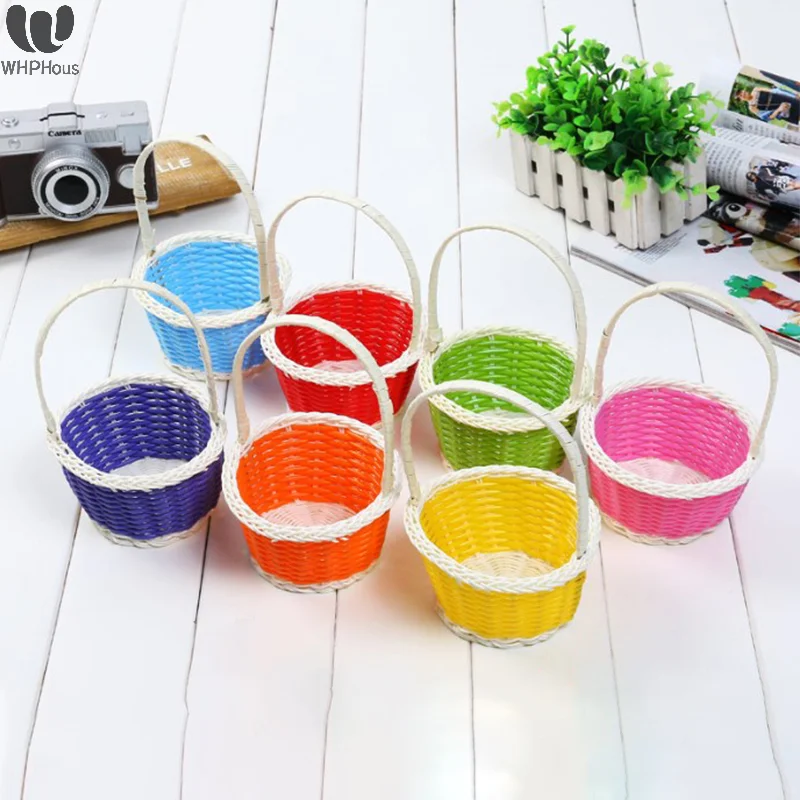 Plastic Rattan Woven Blue Easter Egg Basket Round Storage Basket Home Gift