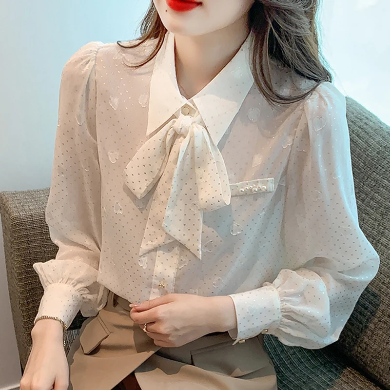 

New Office Lady Elegant Long Sleeve Women Shirt Bow Fashion Printing Chiffon Blouse Women White Buttons Female Clothing 24563