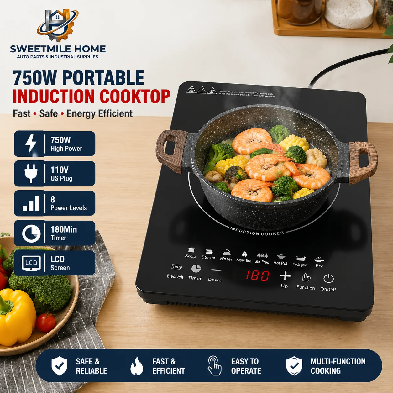 750W Portable Induction Cooktop 110V US Plug Countertop Induction Hot Plate with 8 Power Levels 180Min Timer LCD Screen 1