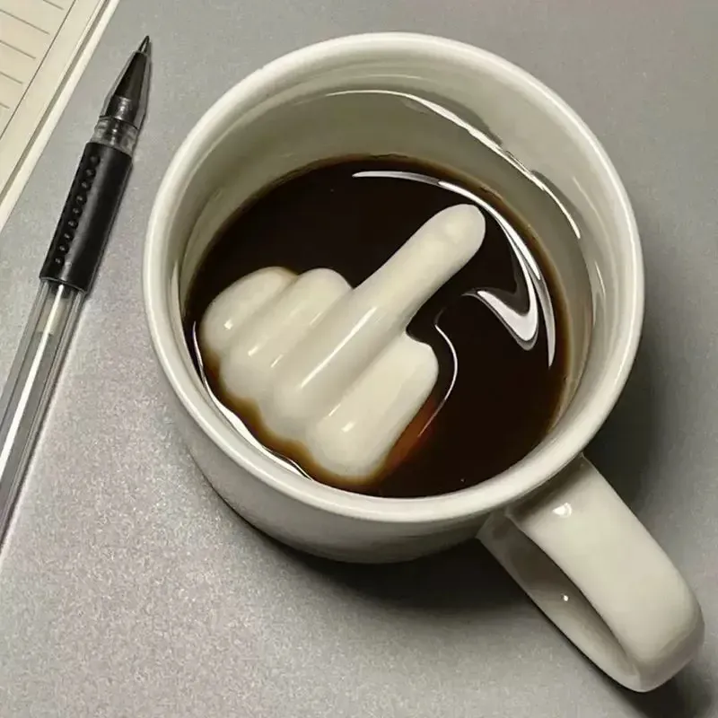Hot Creative Design White Middle Finger Style Novelty Mixing Coffee Milk Cup Funny Ceramic Mug Enough Capacity Water Cup