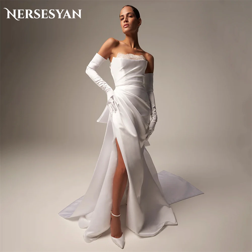 

Nersesyan Luxury Mermaid Lace Wedding Dresses Pleats High Side Slit Off Shoulder Bridal Gowns Backless Bow Buttons Bride Dress