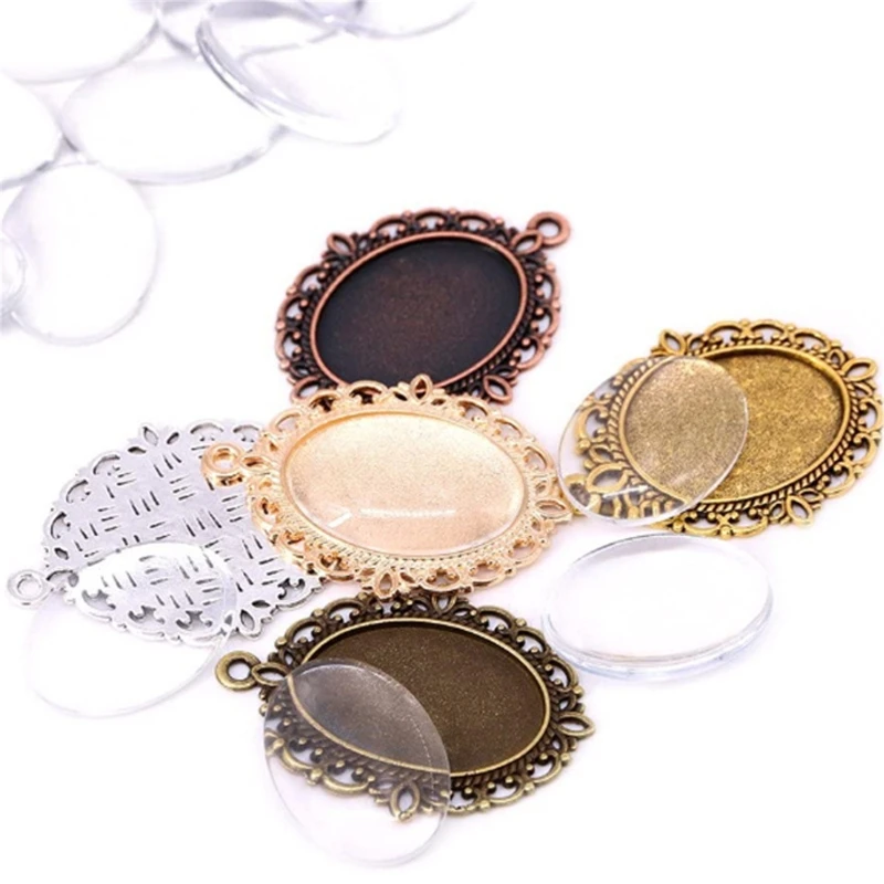 Y4QE 60 Pcs Pendant Trays Metal Flat Pendant Blank Trays Bezel Oval Base Setting Pendant for DIY Jewelry