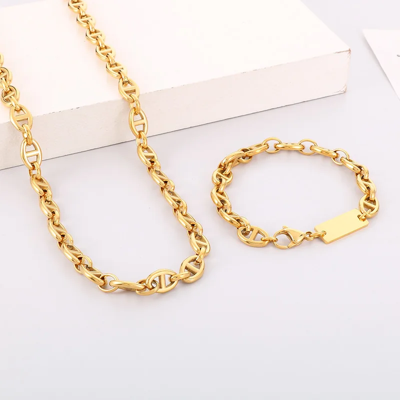 

Fashion Square Brand Link Chain Necklace Bracelet Stainless Steel Jewelry Set for Mens Women Choker 8mm 20inch+ 7.87inch