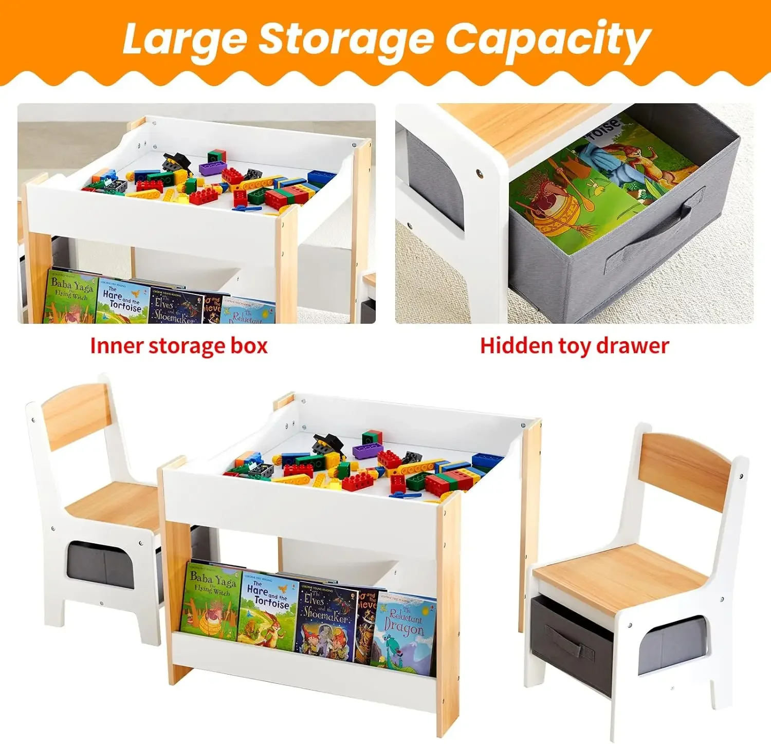 Kids Table and Chair Set,4 in 1 Toddler Desk with Storage Drawer,Wooden Activity Table for 2 in 1 Detachable Tabletop,Bo 3