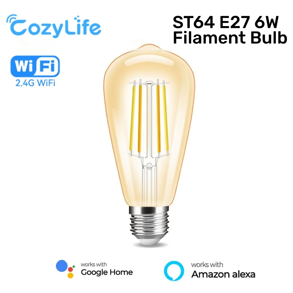 2pcs ST64 E27 Smart WiFi Filament Bulb Retro Style LED Lamp CozyLife APP Dimmable Lighting Smart Life Alexa Google Voice Control