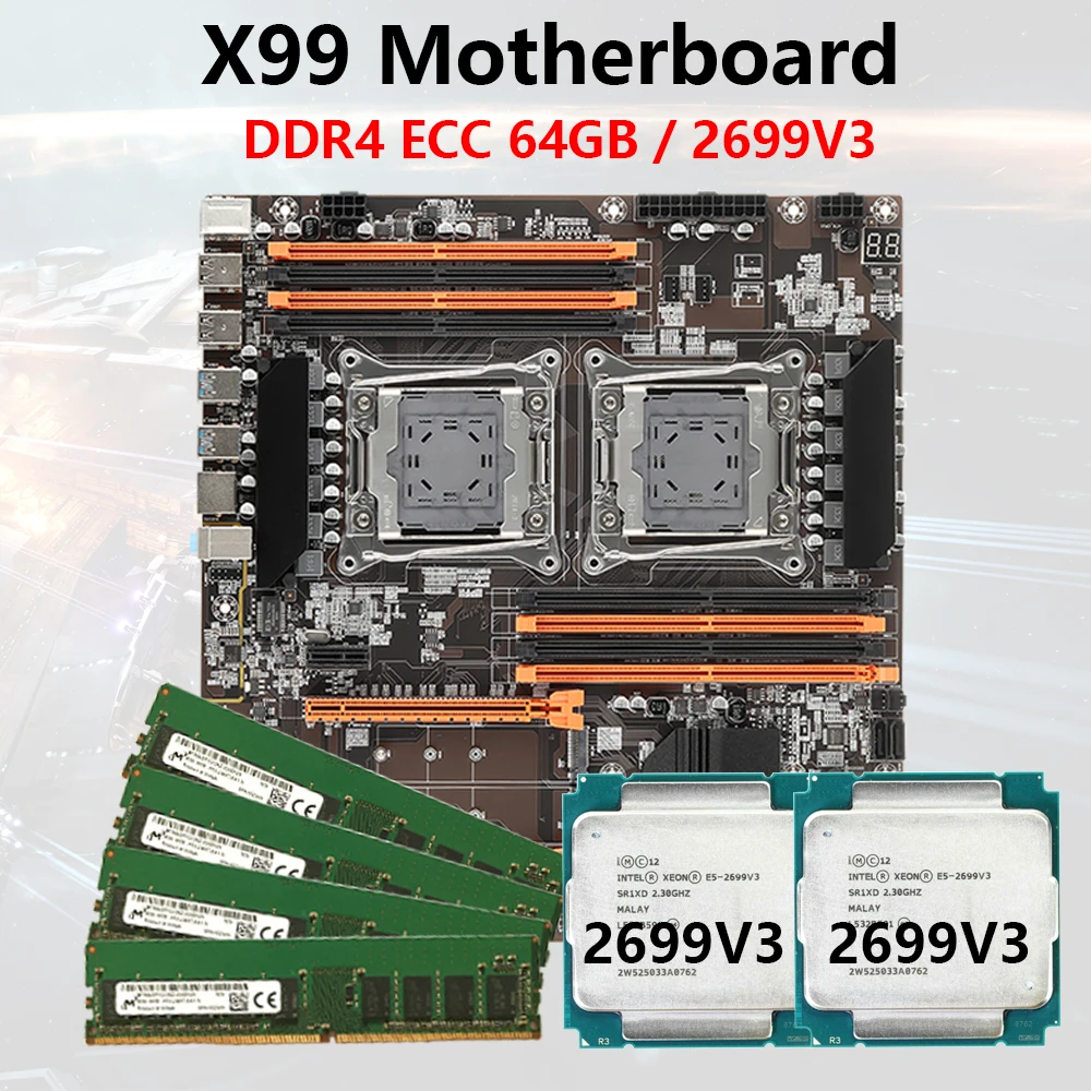 X99 Motherboard LGA 2011-3 kit Addable E5 2 PCS 2699V3 CPU DDR4 ECC RAM ...