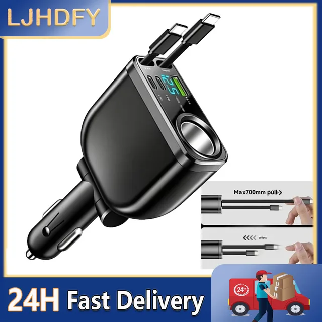 Fast Speed 66W Car Chargers With Triple Port Retractable Car Chargers with Intelligent Protections For Phones Tablets 1
