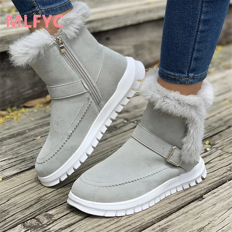 Snow boots for women's new winter thick solid color short boots with plush insulation and flat cotton shoes for mujer