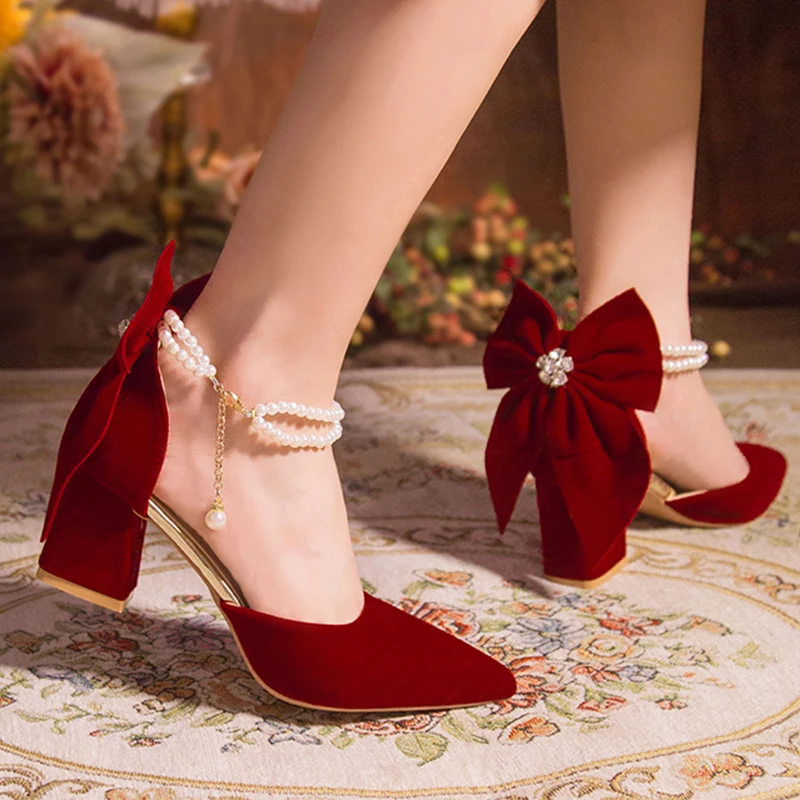 Pretty Big Bowtie Women's Thick Heel Pumps Trend Red Suede Pearls Buckle High Heels Ladies Wedding Dress Shoes Women 34-40 3