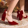 Pretty Big Bowtie Women's Thick Heel Pumps Trend Red Suede Pearls Buckle High Heels Ladies Wedding Dress Shoes Women 34-40 3