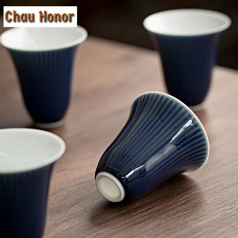 2pc/Set 35ml Striped Ji Blue Ceramic TeaCup Cup Kung Fu Tea Maker Single Master Cup Smell Cup Kung Fu Tea Set Drinking Teaware