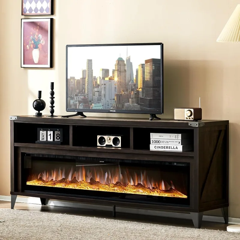 

65" Fireplace TV Stand with 60" Glass Electric Fireplace, Industrial & Farmhouse Media Entertainment Center with Open Shelve