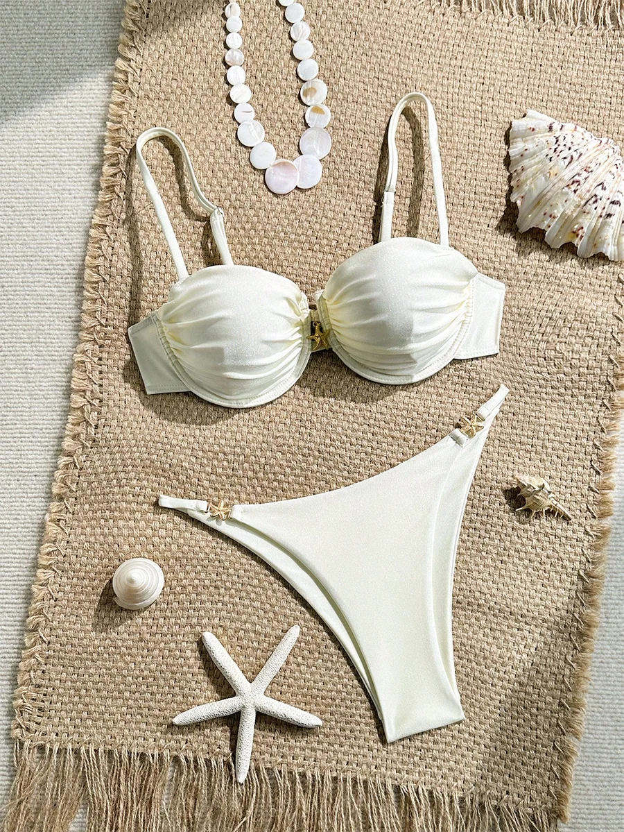 Cremeweißes Bügel-Push-Up-Bikini-Set mit Seestern-Details, seitlich gebundener High-Waist-Badeanzug, 2-teilig, Damen-Sommer-Strandmode