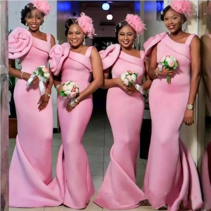 

Lorencia African Pink Black Girl Mermaid Bridesmaid Dress Flowers Long Maid of Honor Dress Simple Wedding Guest Party Gown YBD18