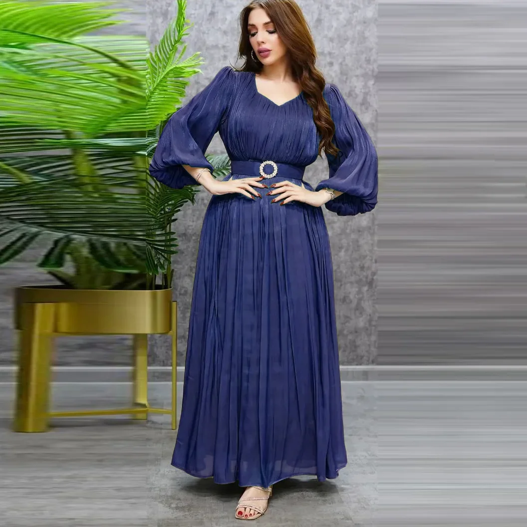 Eid Silky Satin Abaya Derss for Women Muslim Puff Sleeve Morocco Pleated Party Dresses Caftan Evening Robe Vestidos Dubai Kaftan