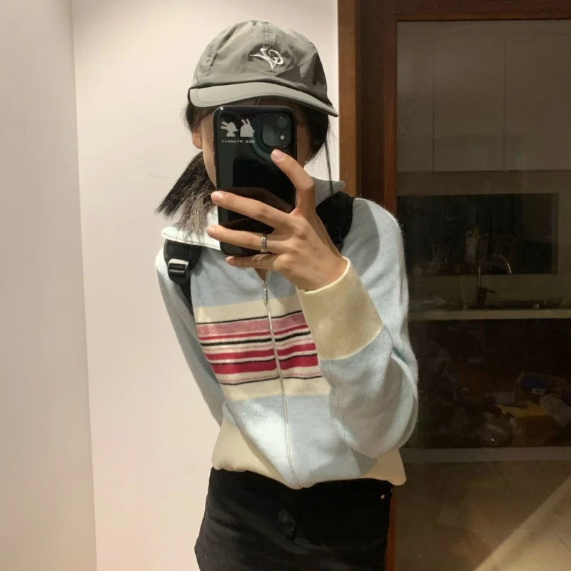 Deeptown 여성용 하라주쿠 스트라이프 스웨터, 빈티지 지퍼 니트 가디건, 한국 패션 스트리트웨어 니트웨어, 미적 슬림