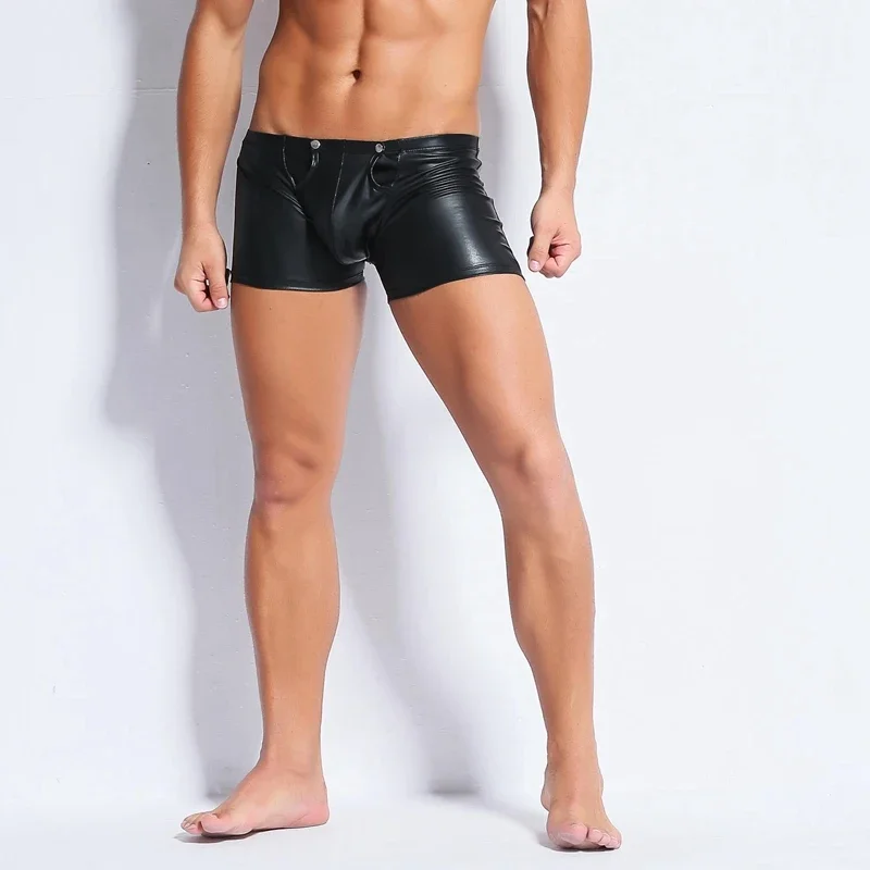 Men Sexy Faux Leather Short Pants Open Crotch Boxer Shorts Clubwear gay fetish latex shorts Pole Dance Lingerie Erotic Underwear