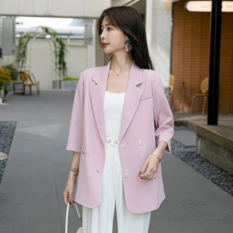 Spring and Autumn Daily Coat Women's Blazers Thin Fashion Loose Thin Seven Points Sleeve Lapel Suit Short Sets Jacket for Lady
