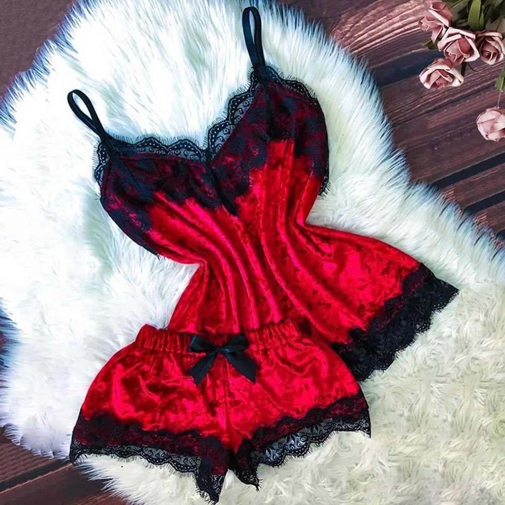 Sexy Women Bow Velvet Lace Sleepwear Sleeveless Strap Nightwear Lace Trim Cami Shorts Pajama Sets Femme Sexy Lingerie Homewear