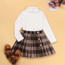 Conjuntos de ropa para niña, camisa de manga larga Lisa + traje de Falda plisada a cuadros, novedad de primavera y otoño de algodón, 2022
