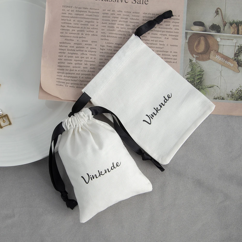 100pcs White Cotton Jewelry Pouches Drawstring Black Rope Gift Bags Bar  Mitzvah Xmas Wedding Candy Ring Earrings Packaging Bag