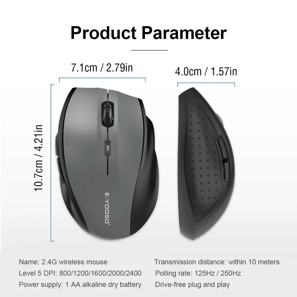 E-YOOSO E-1010 USB 2.4G Wireless Gaming Office Mouse 2400 DPI Optical Game Mice Ergonomic for Laptop PC Computer