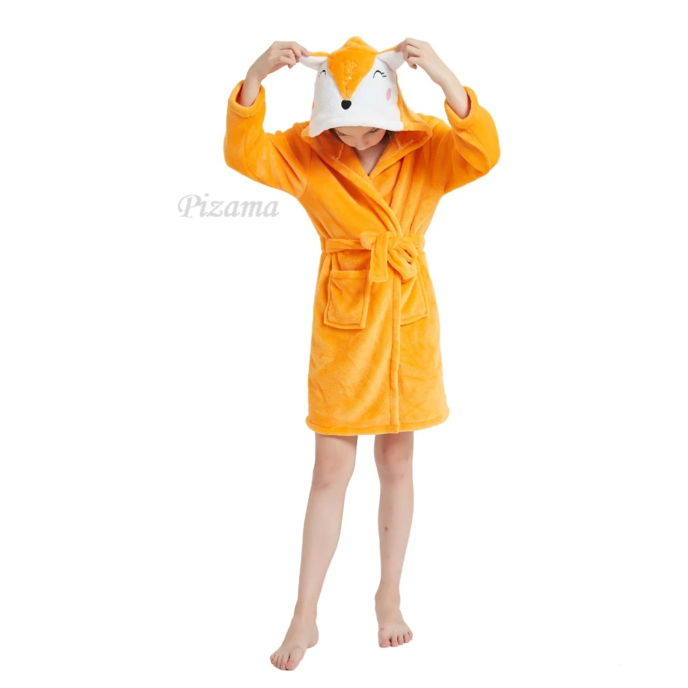 Girls and Boys Fox Kigurumi Animal Cartoon Bathrobes Winter Warm Flannel Bath Robe with Belt Kids Pajamas Sleepwear Homewear kids pajamas set flannel pajamas child bathrobe kids robe