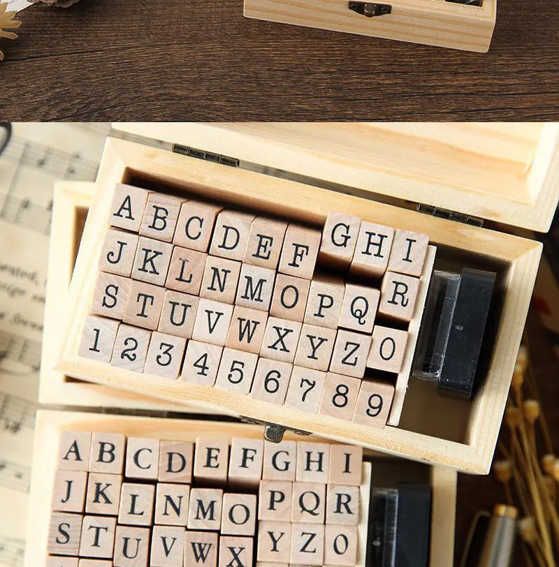 1 Set selbstfärbender Stempel mit Zahlen und Buchstaben, Tagebuch, Hochzeit, Briefset, Töpferstempel, Holzhandwerk, Tagebuchdekoration, DIY, handgefertigt, mit Box – Detail 6
