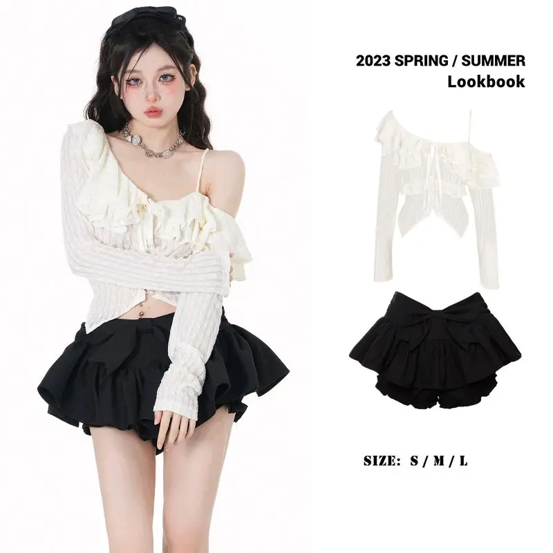 Ruffles Chiffon Shirt Thin Slim Off Shoulder Women  Crop Top Cardigan Single Breasted Korean Fashion Summer Wholesale Skirt Set