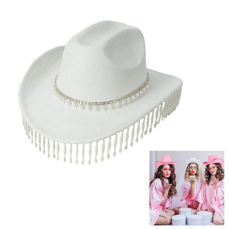 

Fashion Pearls Tassels Cowboy Hat Women Hand Beading Crystal Cowgirl Hat for Club Carnival Music Festival Party Stage Dancing